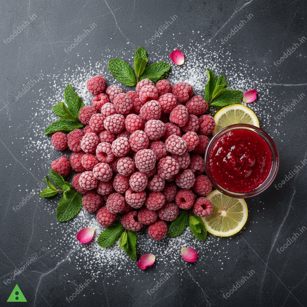 Frozen Raspberries Flat Lay